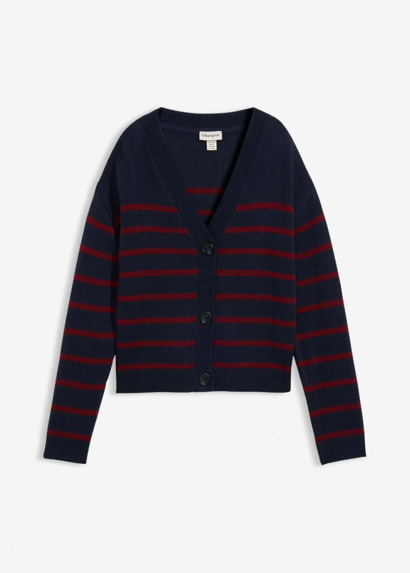 bonprix bonprix Cárdigan de mezcla de algodón azul marino/rojo rubí con rayas Best