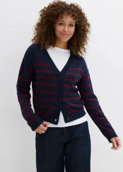 bonprix bonprix Cárdigan de mezcla de algodón azul marino/rojo rubí con rayas Best