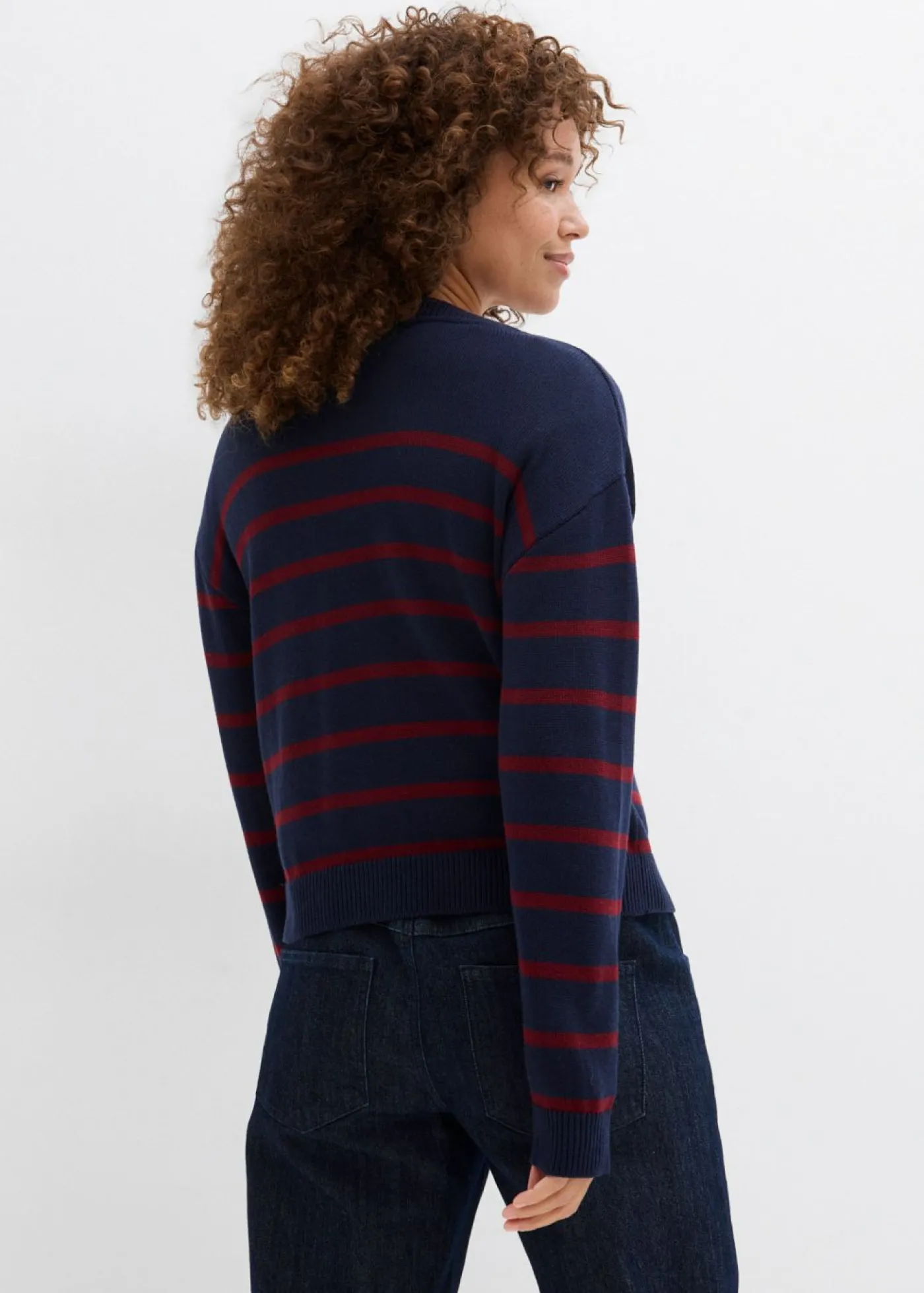 bonprix bonprix Cárdigan de mezcla de algodón azul marino/rojo rubí con rayas Best