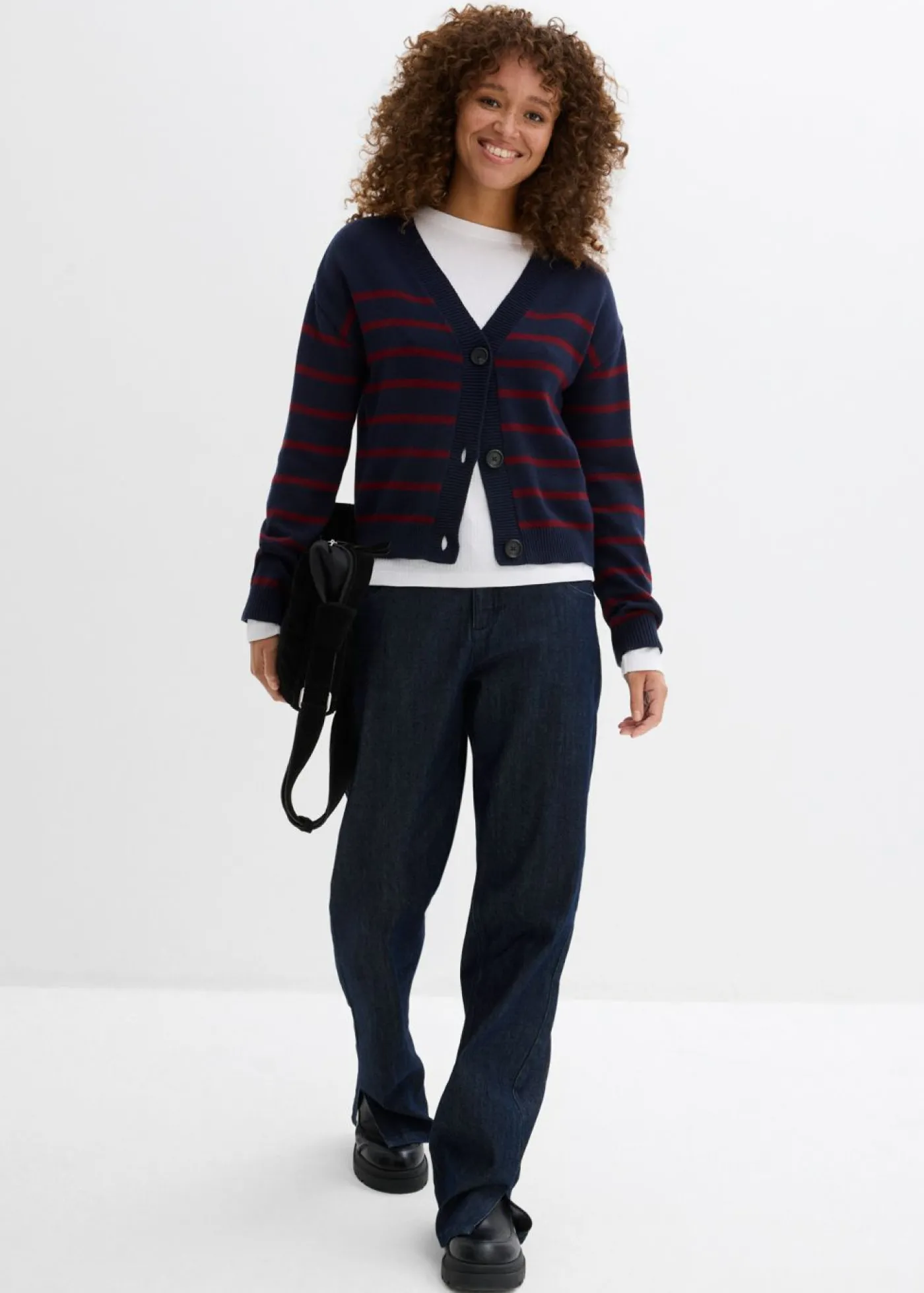 bonprix bonprix Cárdigan de mezcla de algodón azul marino/rojo rubí con rayas Best