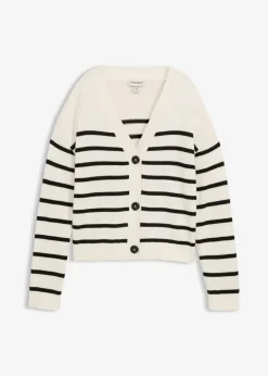 bonprix bonprix Cárdigan de mezcla de algodón blanco lana-negro con rayas Sale
