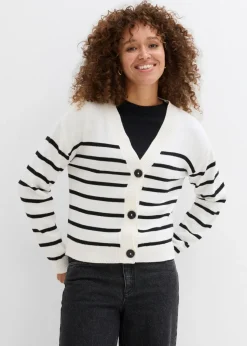 bonprix bonprix Cárdigan de mezcla de algodón blanco lana-negro con rayas Sale