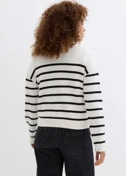 bonprix bonprix Cárdigan de mezcla de algodón blanco lana-negro con rayas Sale
