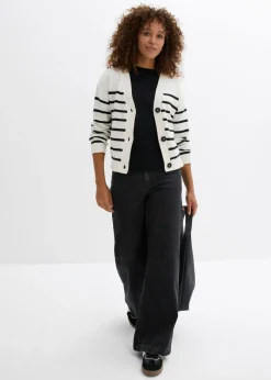 bonprix bonprix Cárdigan de mezcla de algodón blanco lana-negro con rayas Sale