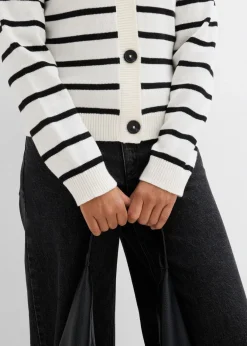 bonprix bonprix Cárdigan de mezcla de algodón blanco lana-negro con rayas Sale