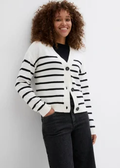 bonprix bonprix Cárdigan de mezcla de algodón blanco lana-negro con rayas Sale