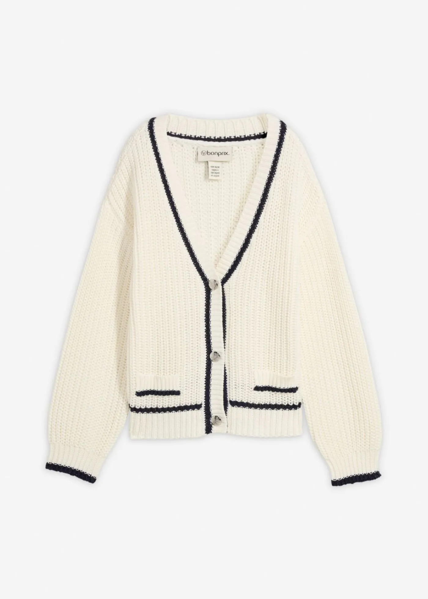 bonprix bonprix Cárdigan de punto grueso de mezcla de algodón Blanco lana/azul marino Best