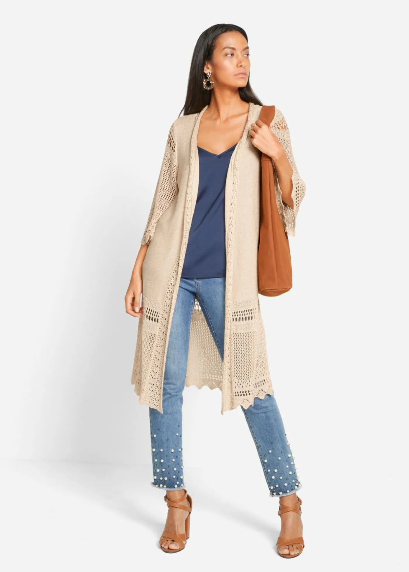 bonprix bonprix Cárdigan largo de ajour Beige Online