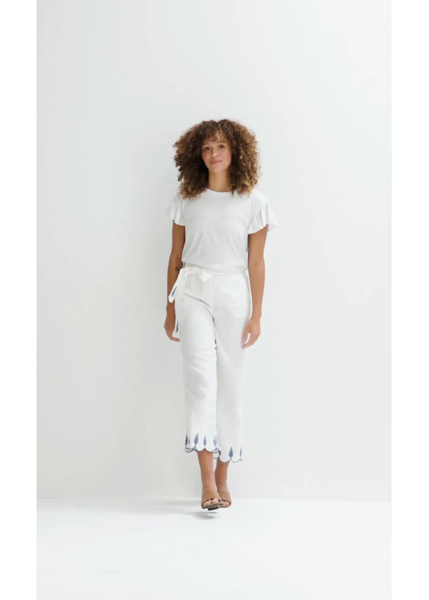 bonprix bonprix Culotte de lino con cinturón (conjunto de 2 piezas) Blanco Outlet