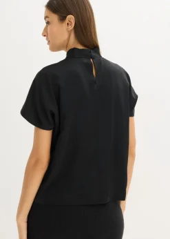 bonprix bonprix Elegante blusa de manga corta de satén brillante Negro Discount