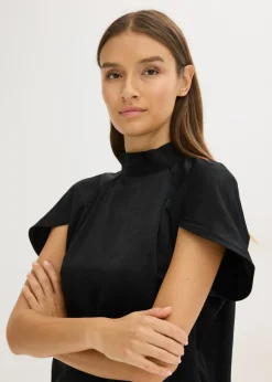bonprix bonprix Elegante blusa de manga corta de satén brillante Negro Discount