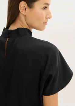 bonprix bonprix Elegante blusa de manga corta de satén brillante Negro Discount