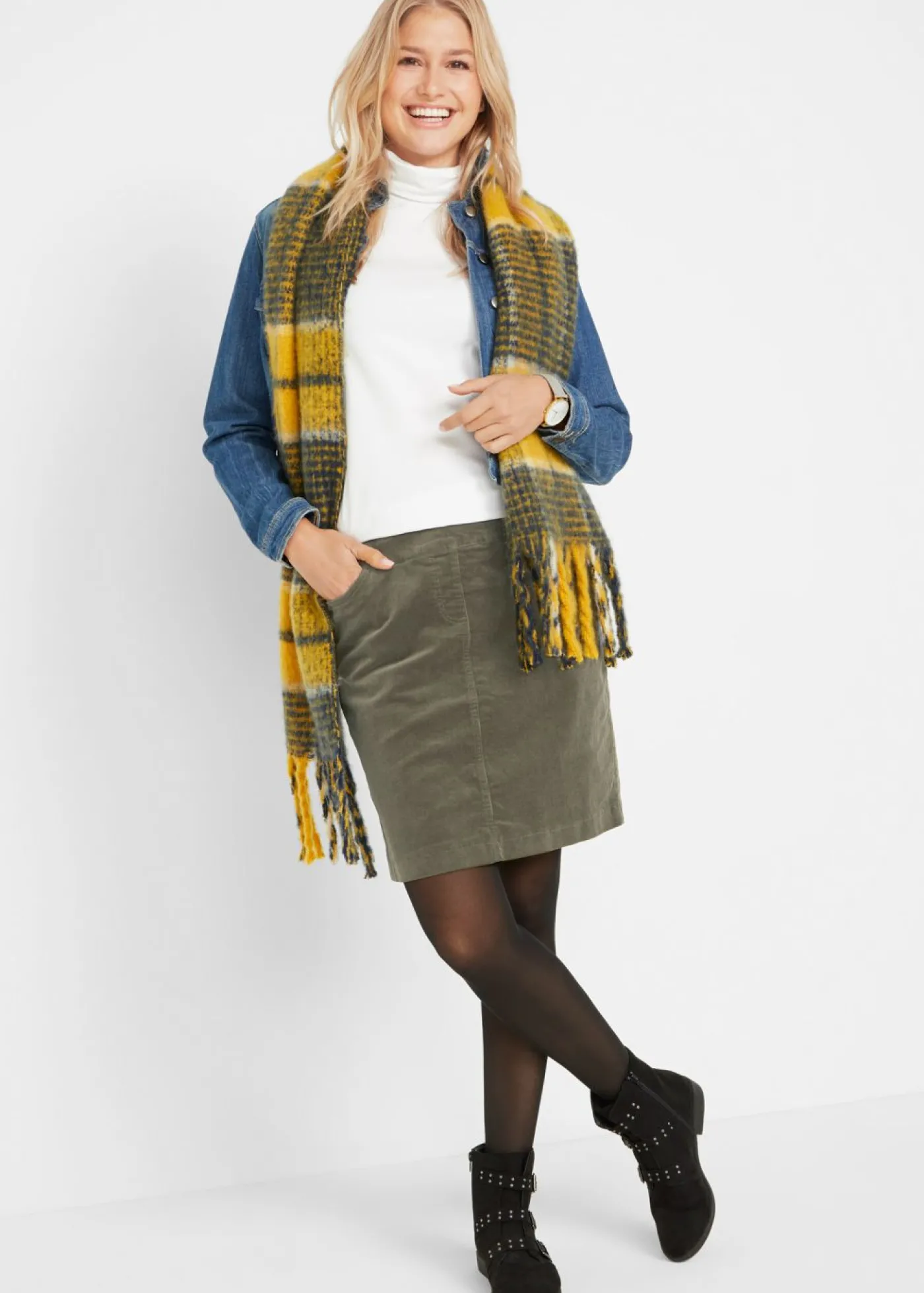 bonprix bonprix Falda de algodón de pana, elástica, con cintura cómoda Verde oliva oscuro Online