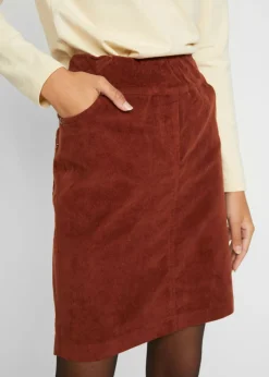 bonprix bonprix Falda de algodón de pana, elástica, con cintura cómoda Marrón caoba