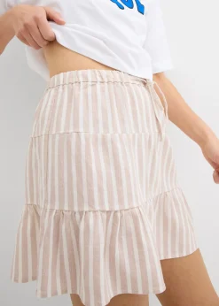 bonprix bonprix Falda de capas de mezcla vaporosa de lino beige almendra-blanco lana con rayas