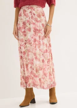bonprix bonprix Falda de gasa con efecto arrugado rosa claro con flores Outlet