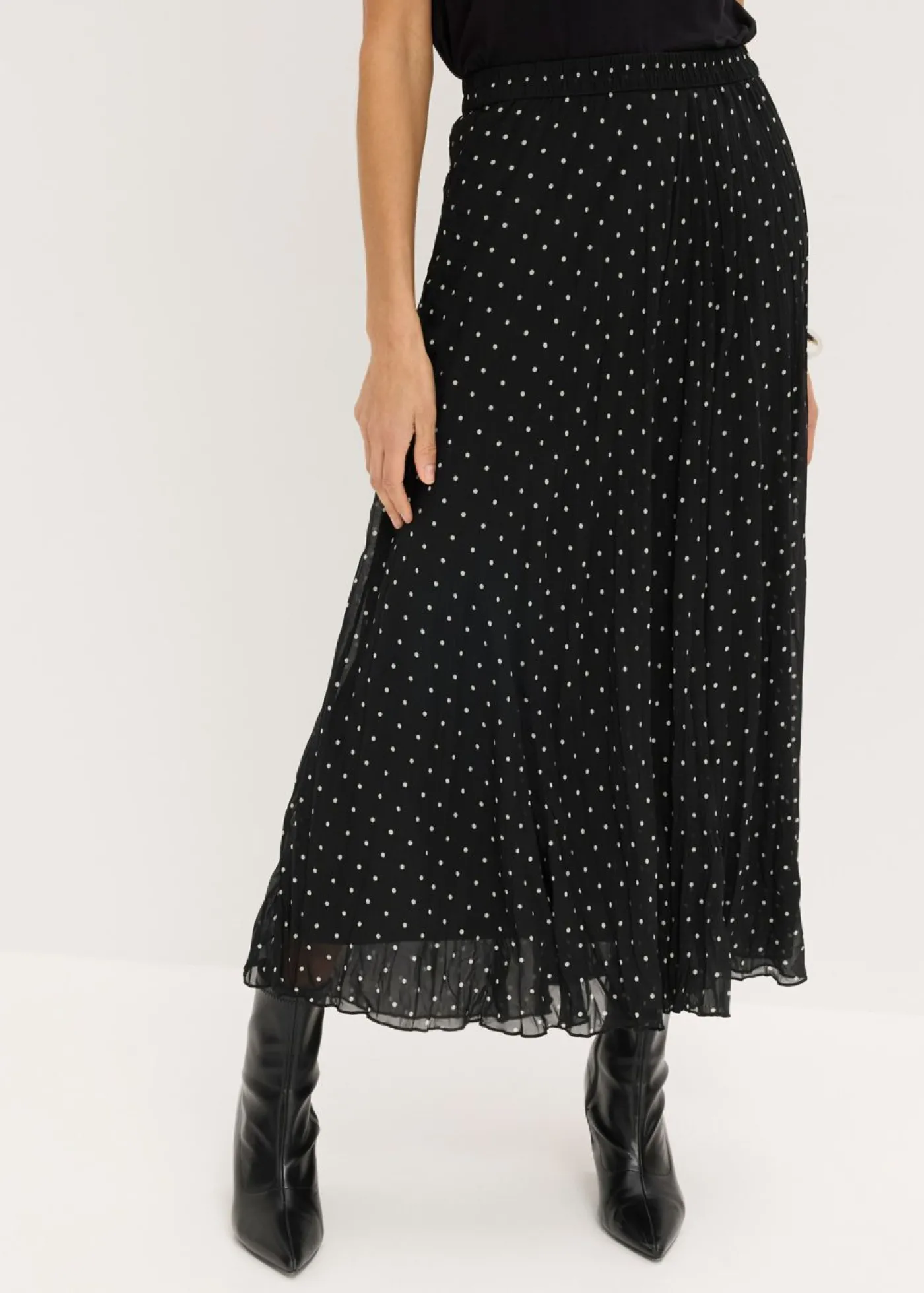 bonprix bonprix Falda de gasa con look arrugado Negro-blanco de lunares Discount
