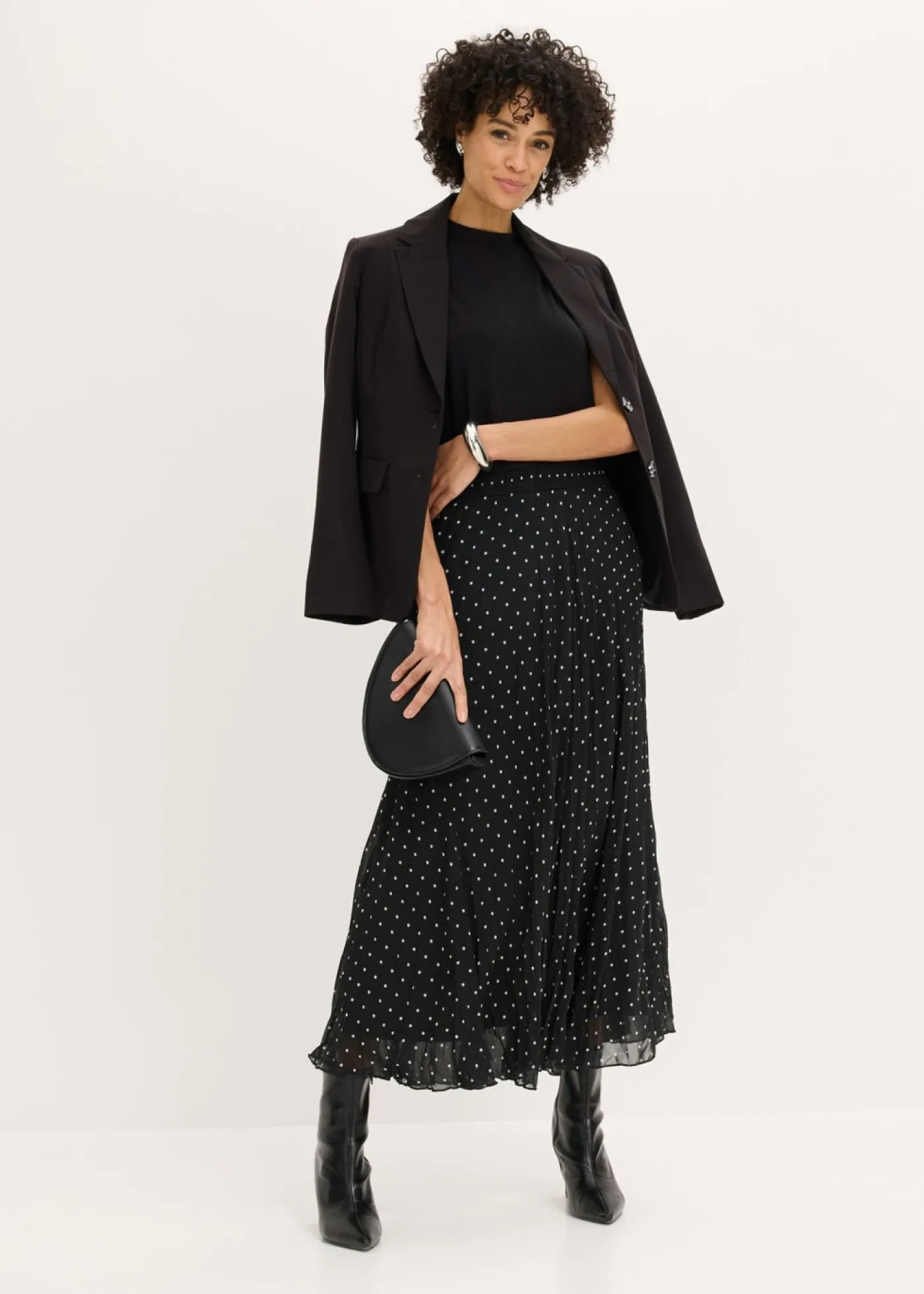 bonprix bonprix Falda de gasa con look arrugado Negro-blanco de lunares Discount