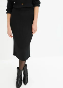 bonprix bonprix Falda de punto de canalé de mezcla de viscosa Negro Outlet