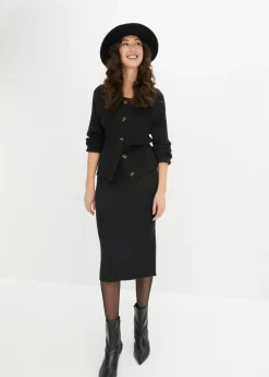 bonprix bonprix Falda de punto de canalé de mezcla de viscosa Negro Outlet