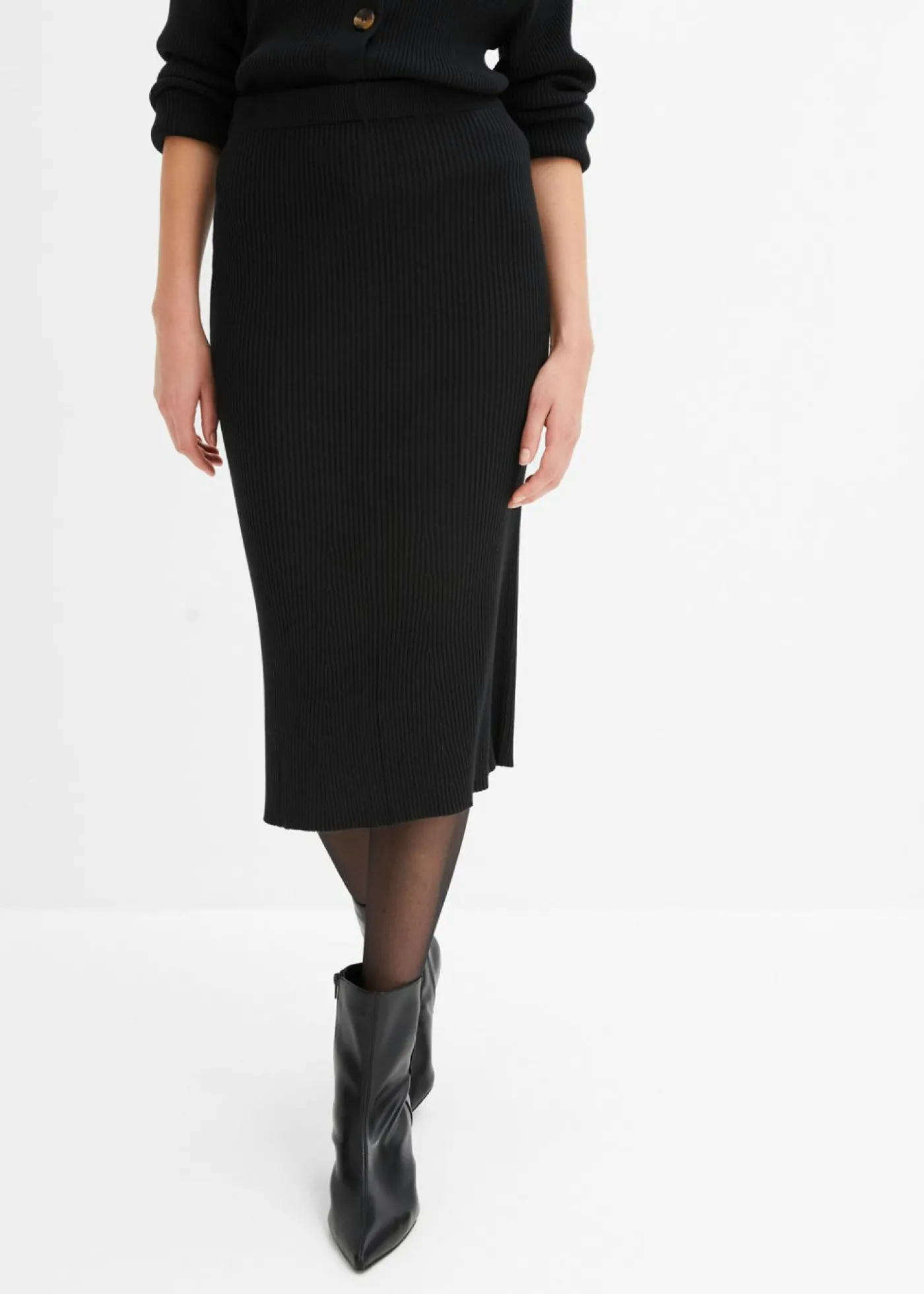 bonprix bonprix Falda de punto de canalé de mezcla de viscosa Negro Outlet
