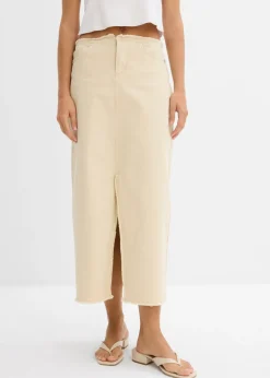 bonprix bonprix Falda de sarga con flecos gris guijarro