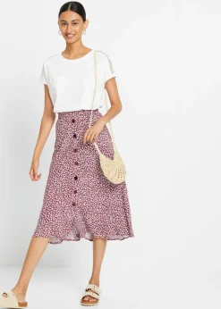 bonprix bonprix Falda de viscosa hasta la rodilla con bolsillos y cintura cómoda estampado leo mora oscuro/blanco Best