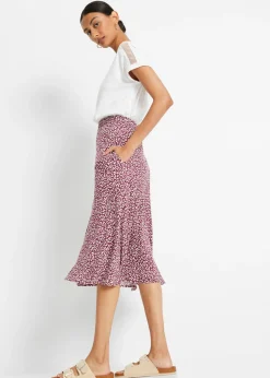 bonprix bonprix Falda de viscosa hasta la rodilla con bolsillos y cintura cómoda estampado leo mora oscuro/blanco Best