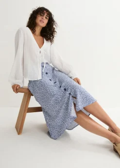 bonprix bonprix Falda de viscosa hasta la rodilla con bolsillos y cintura cómoda estampado leo azul vaquero/blanco Best