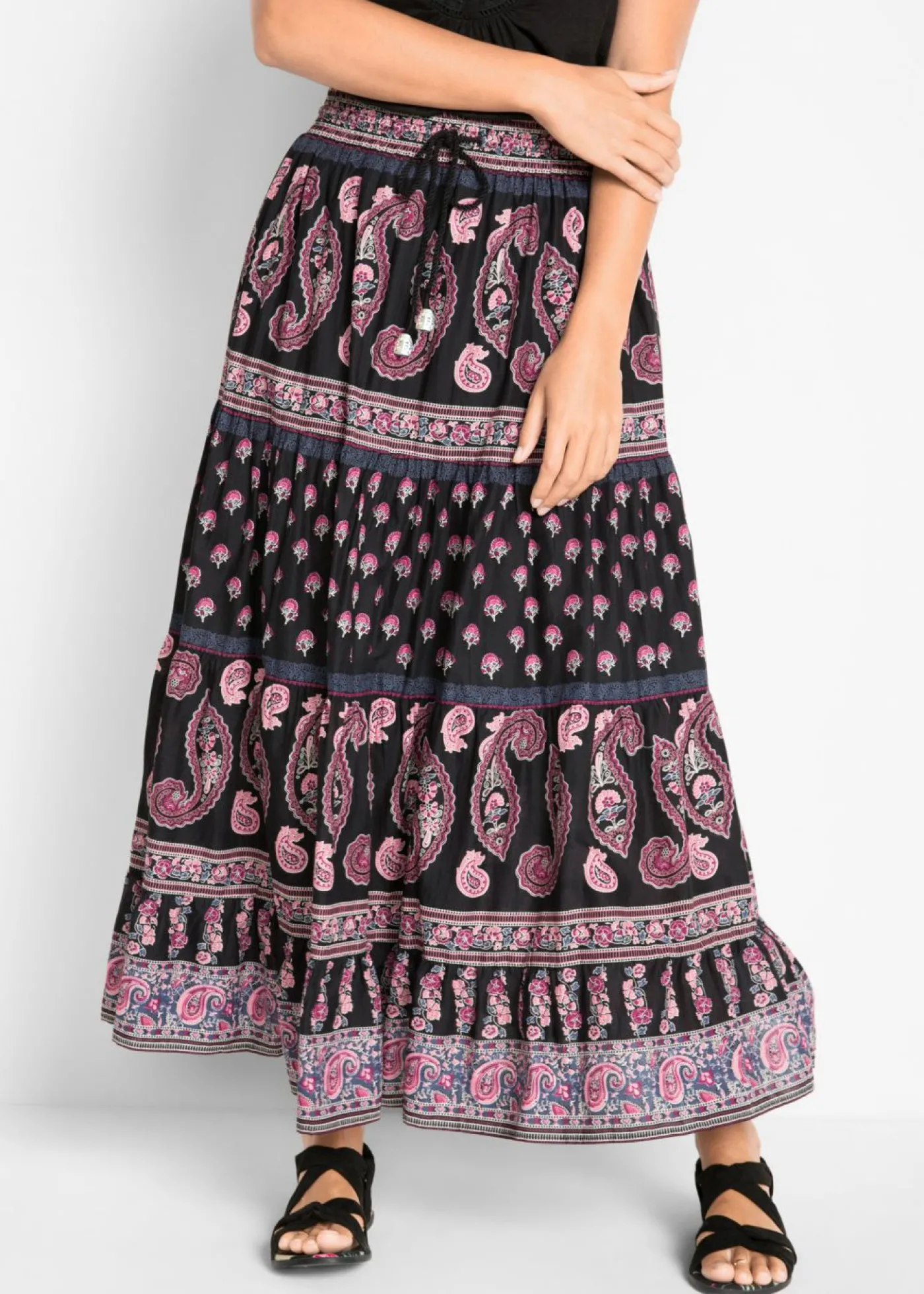bonprix bonprix Falda larga de algodón puro Negro estampado Online