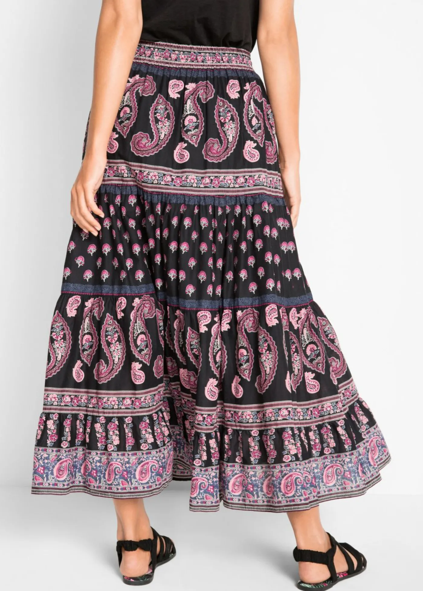 bonprix bonprix Falda larga de algodón puro Negro estampado Online
