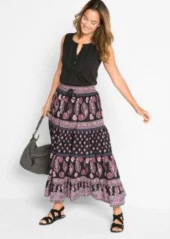 bonprix bonprix Falda larga de algodón puro Negro estampado Online