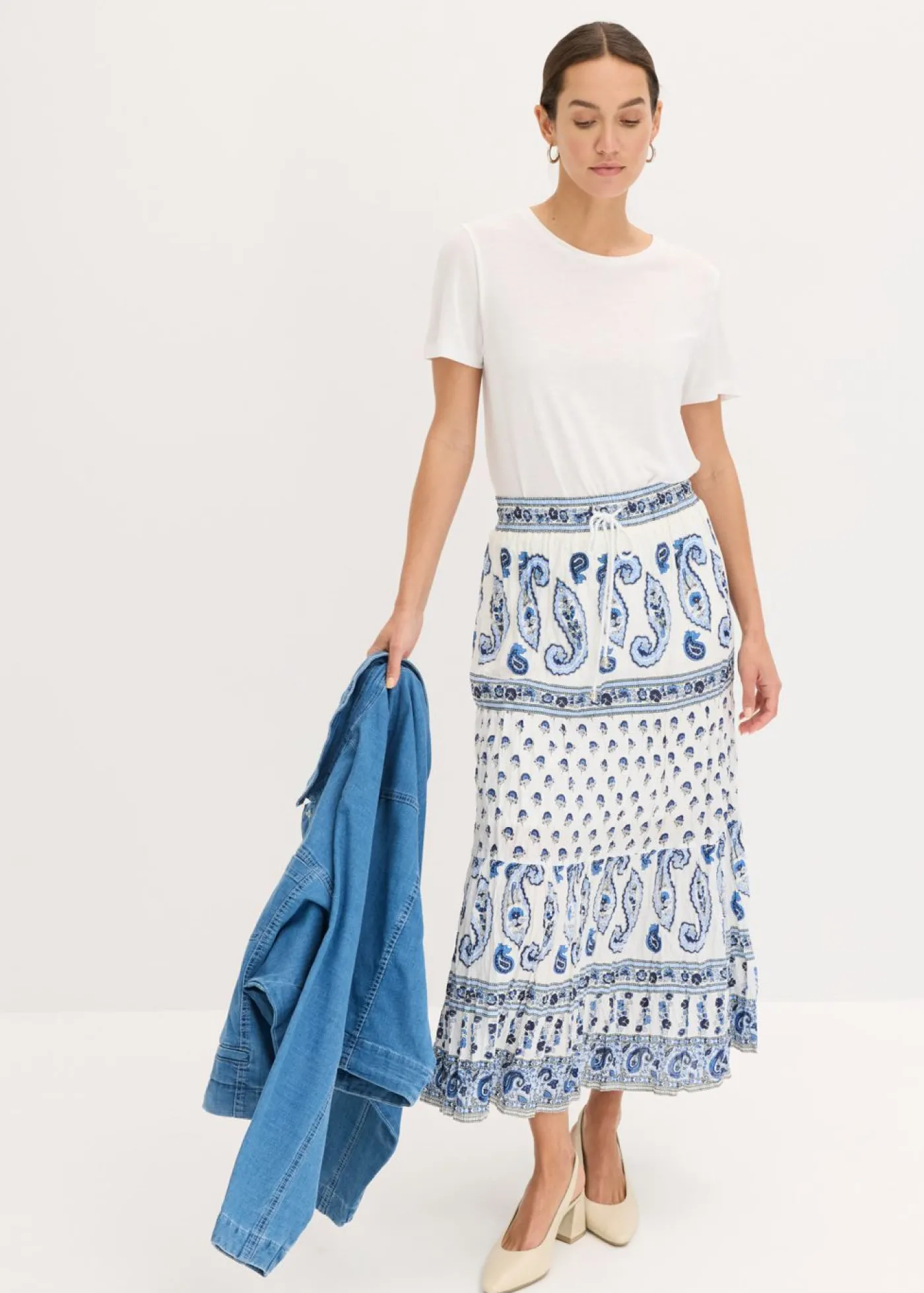 bonprix bonprix Falda larga de algodón puro Azul oxford/blanco estampado Hot