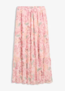 bonprix bonprix Falda larga de malla suave Rosa claro de flores Outlet
