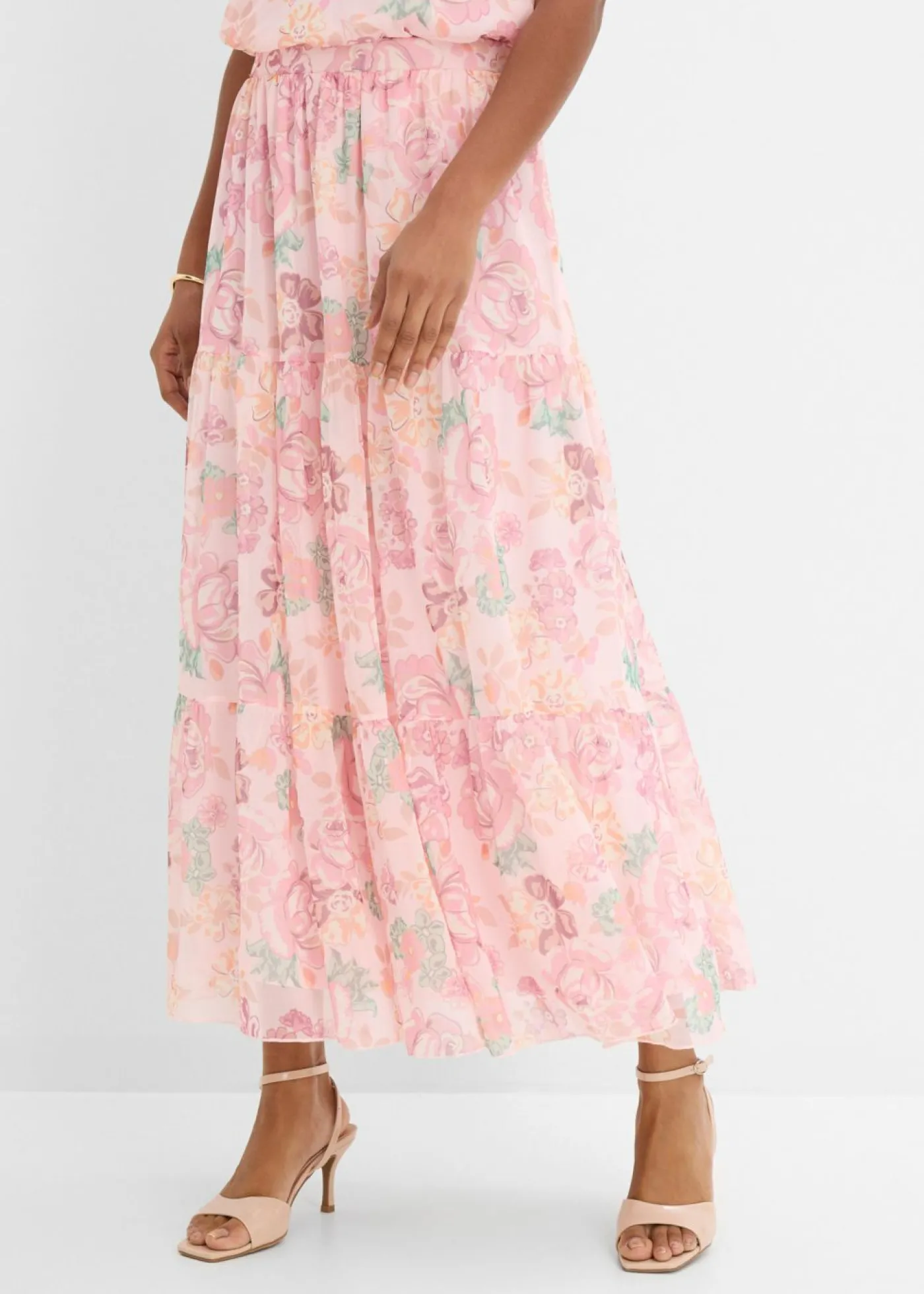 bonprix bonprix Falda larga de malla suave Rosa claro de flores Outlet