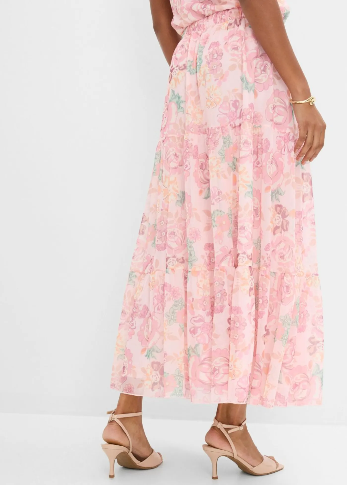 bonprix bonprix Falda larga de malla suave Rosa claro de flores Outlet