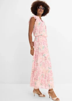 bonprix bonprix Falda larga de malla suave Rosa claro de flores Outlet