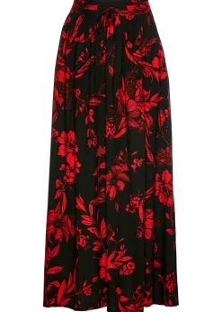 bonprix bonprix Falda larga de viscosa con cinturilla cómoda y lazo de anudar Negro-rojo Online