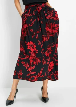 bonprix bonprix Falda larga de viscosa con cinturilla cómoda y lazo de anudar Negro-rojo Online