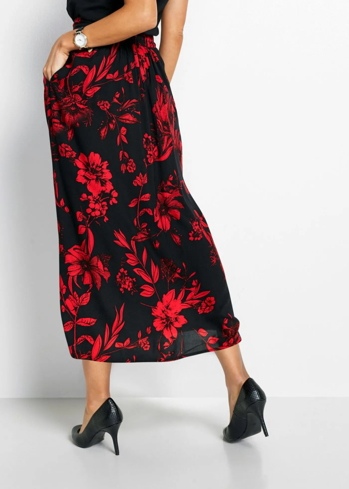 bonprix bonprix Falda larga de viscosa con cinturilla cómoda y lazo de anudar Negro-rojo Online