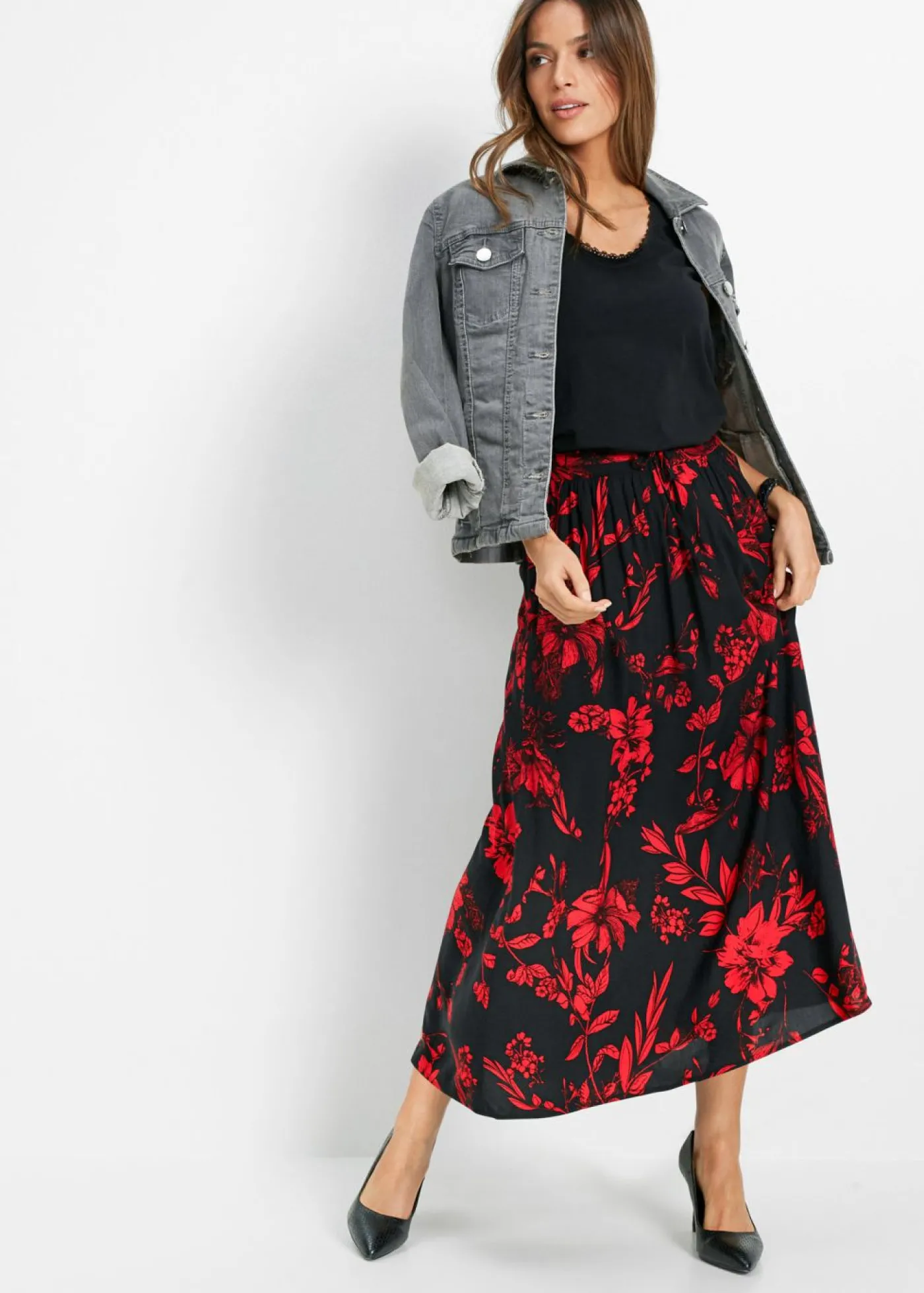 bonprix bonprix Falda larga de viscosa con cinturilla cómoda y lazo de anudar Negro-rojo Online