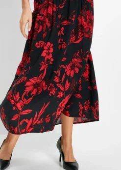 bonprix bonprix Falda larga de viscosa con cinturilla cómoda y lazo de anudar Negro-rojo Online