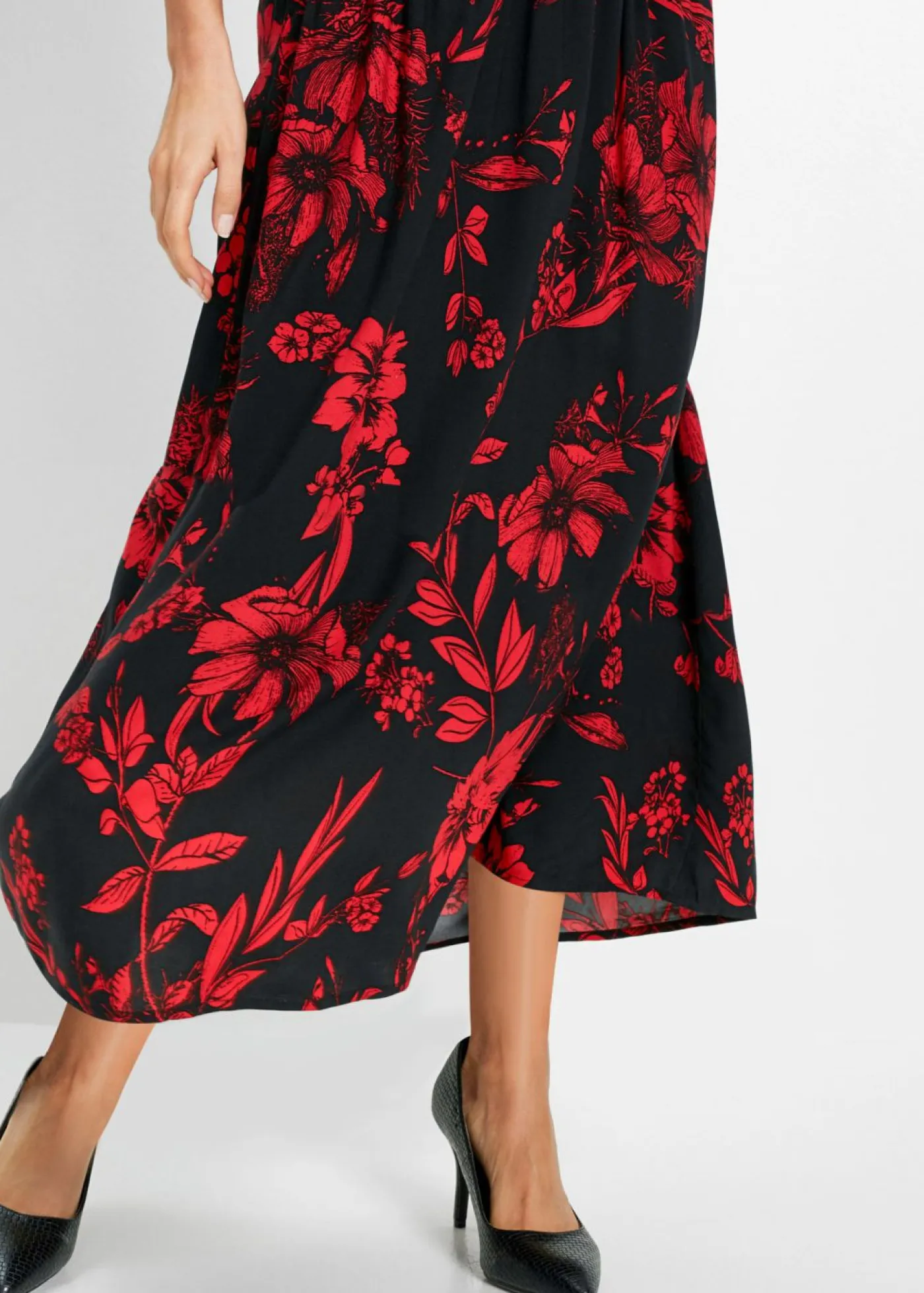 bonprix bonprix Falda larga de viscosa con cinturilla cómoda y lazo de anudar Negro-rojo Online