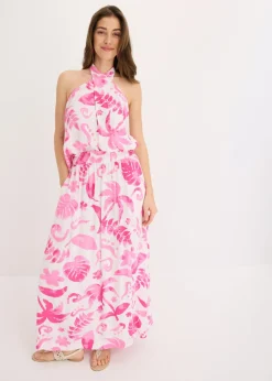 bonprix bonprix Falda larga de viscosa estructurada Blanco-fucsia de flores