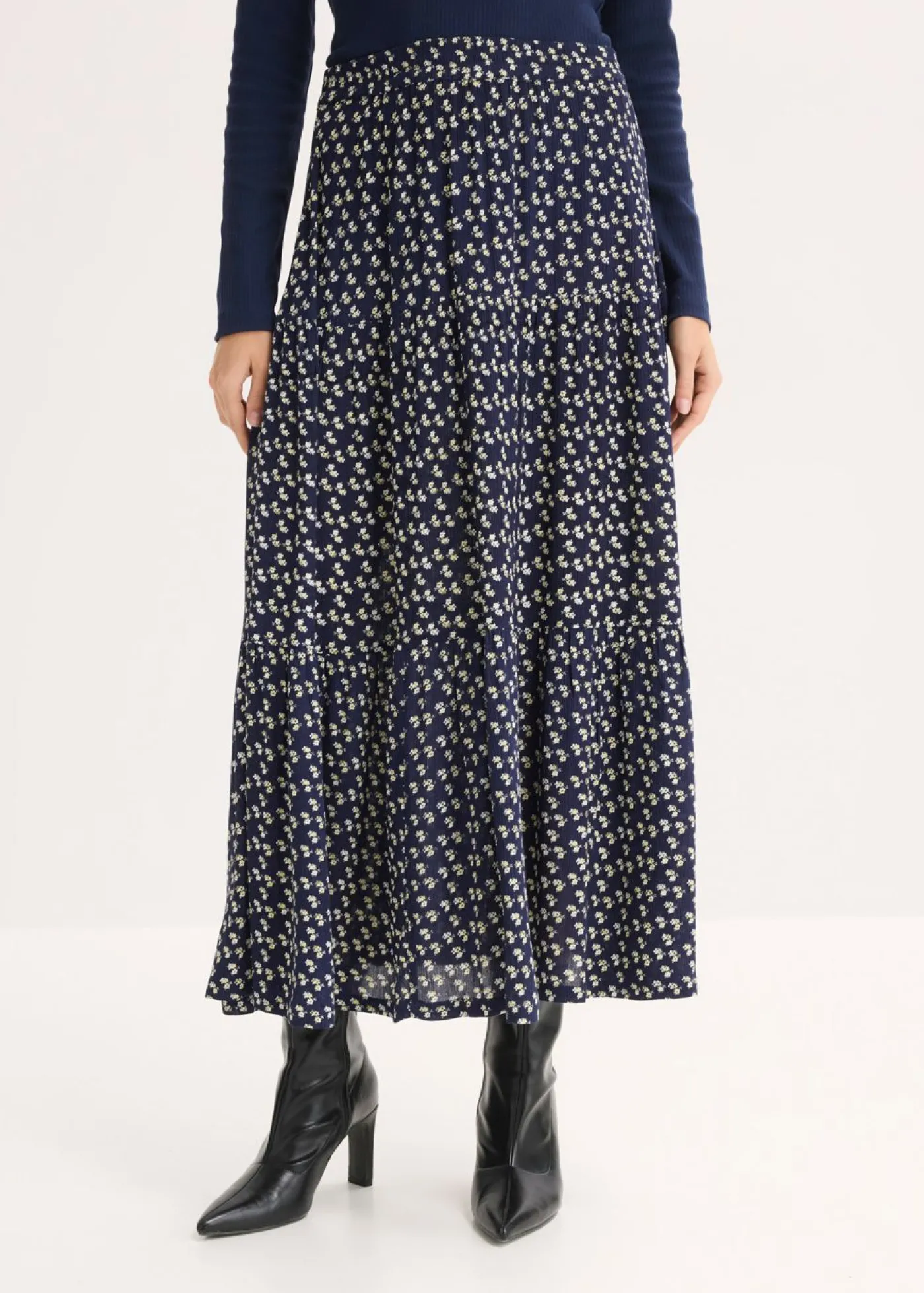 bonprix bonprix Falda maxi a capas con viscosa estructurada Azul marino de flores Hot