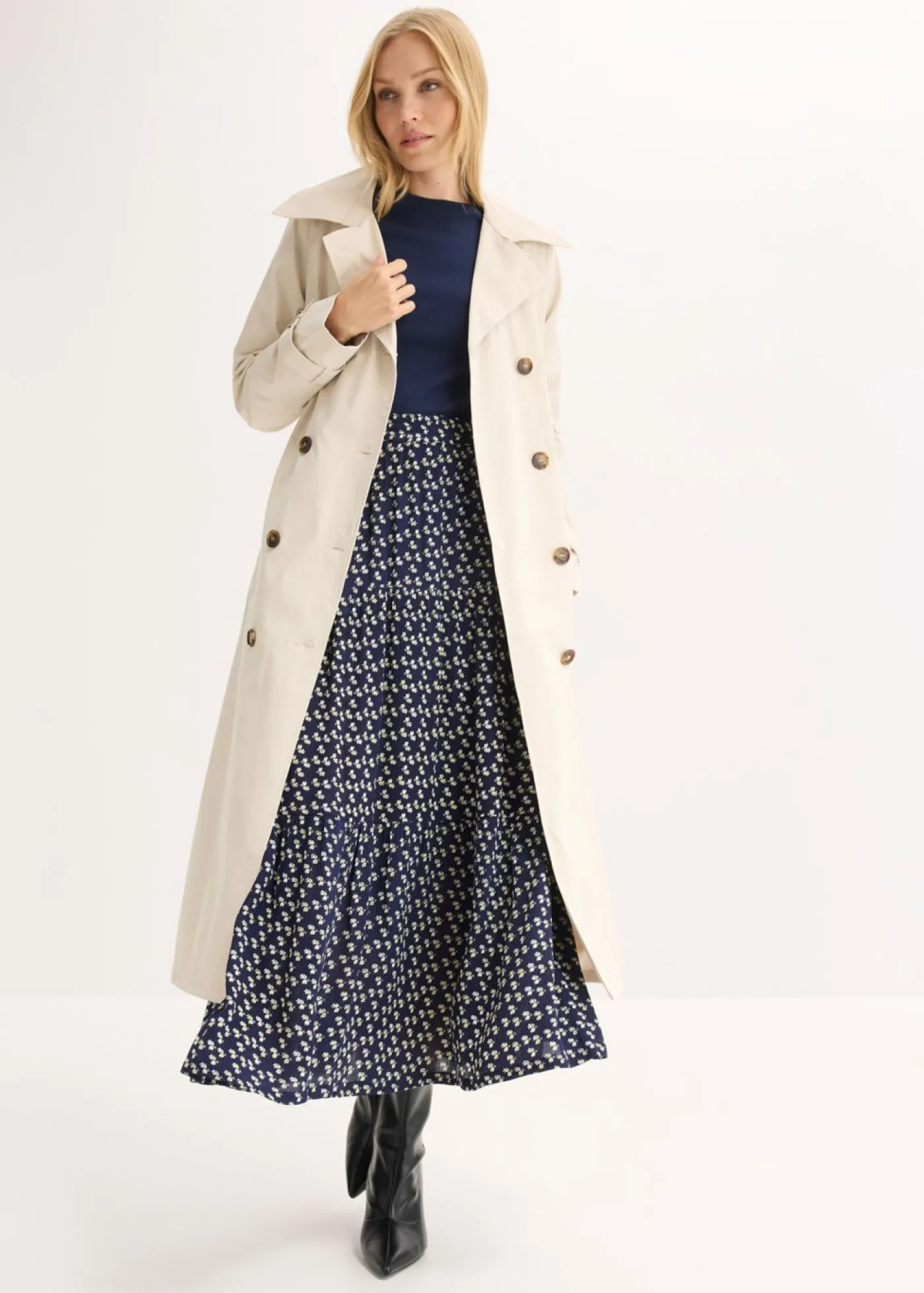 bonprix bonprix Falda maxi a capas con viscosa estructurada Azul marino de flores Hot