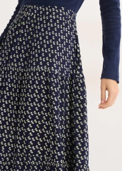 bonprix bonprix Falda maxi a capas con viscosa estructurada Azul marino de flores Hot