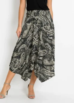 bonprix bonprix Falda midi asimétrica de viscosa pura Negro/beige arena con patrón paisley Discount