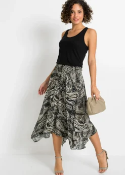 bonprix bonprix Falda midi asimétrica de viscosa pura Negro/beige arena con patrón paisley Discount