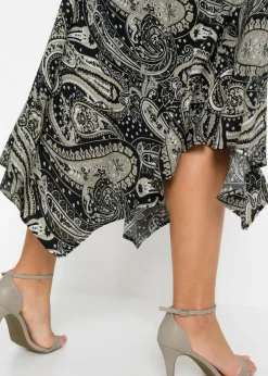 bonprix bonprix Falda midi asimétrica de viscosa pura Negro/beige arena con patrón paisley Discount